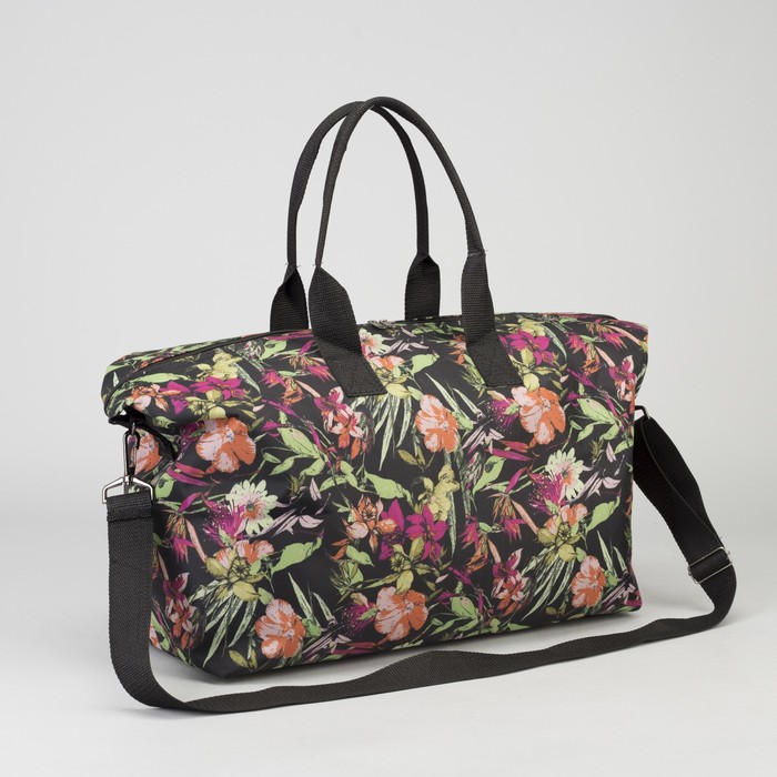 Сумка дорожная «Цветы», 1 отдел на молнии, наружный карман, цвет чёрный