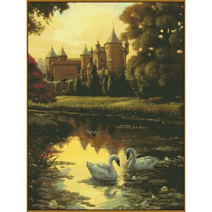 Алмазная мозаика "Лебеди у замка", 38 цветов