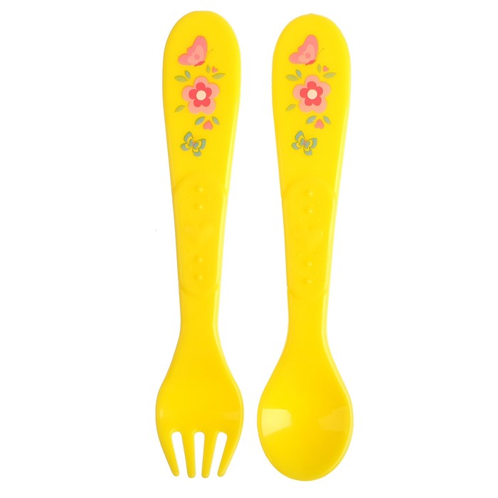 Набор столовых приборов «Малышка», 2 предмета: ложка и вилка, от 5 мес., цвет жёлтый