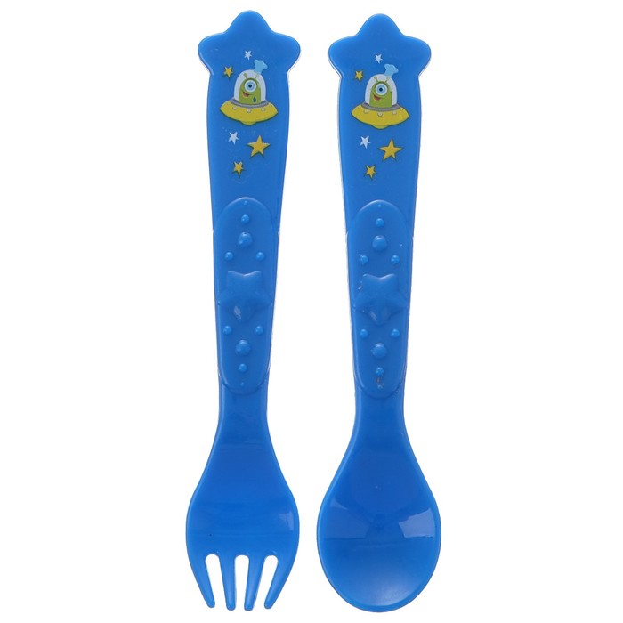 Набор столовых приборов «Космическая еда», 2 предмета: ложка и вилка, от 5 мес., цвет синий