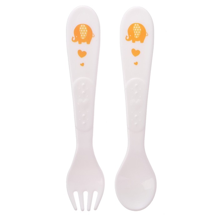 Набор столовых приборов «Слоники», 2 предмета: ложка и вилка, от 5 мес., цвет белый