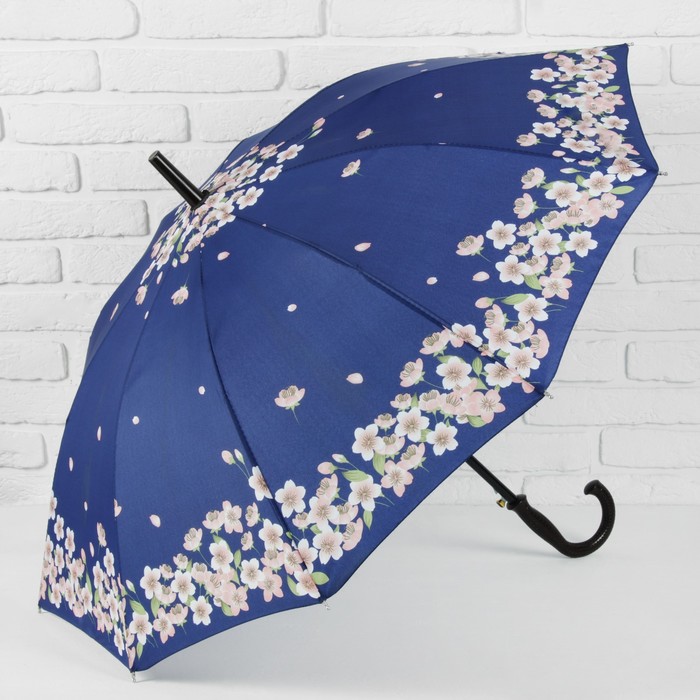 Зонт-трость "Танец сакуры", полуавтоматический, R=51см, цвет синий