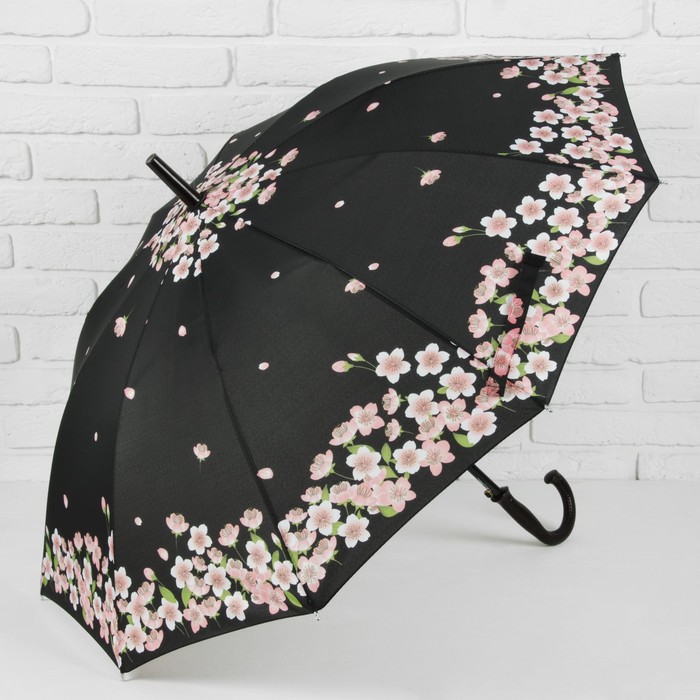 Зонт-трость "Танец сакуры", полуавтоматический, R=51см, цвет чёрный