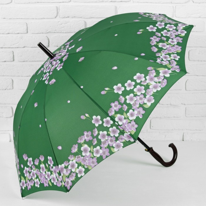 Зонт-трость "Танец сакуры", полуавтоматический, R=51см, цвет зелёный