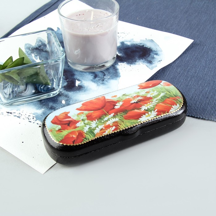 Футляр для очков "Маки и ромашки", отдел на клапане, цвет чёрный