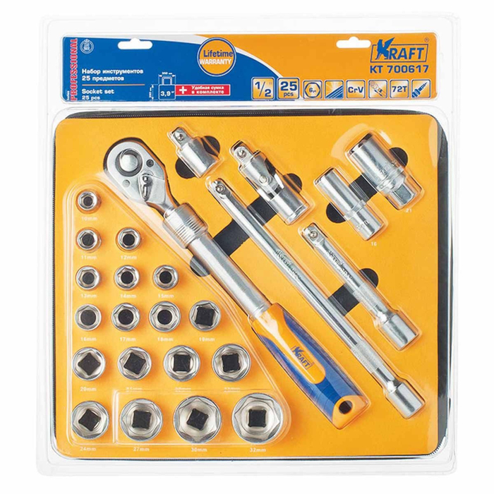 Набор торцевых головок KRAFT KT700617, 1/2", 25 предмета, сумка