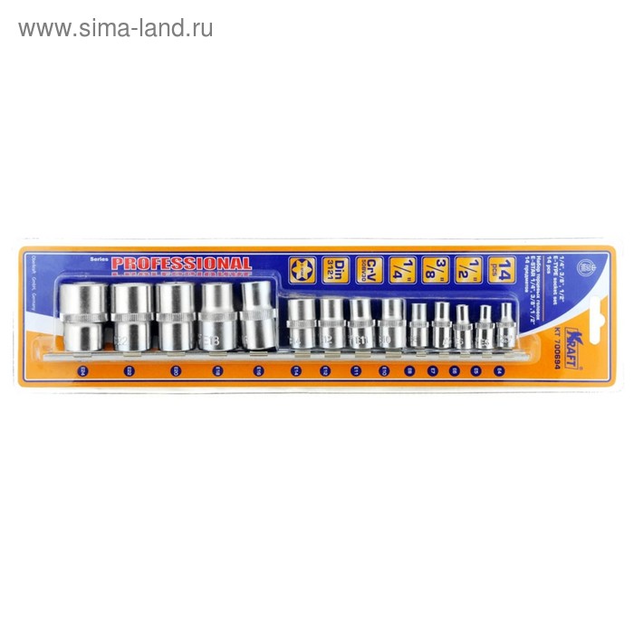 

Набор торцевых головок KRAFT KT700694, 1/2", 3/8", 1/4", E-star, 14 предметов