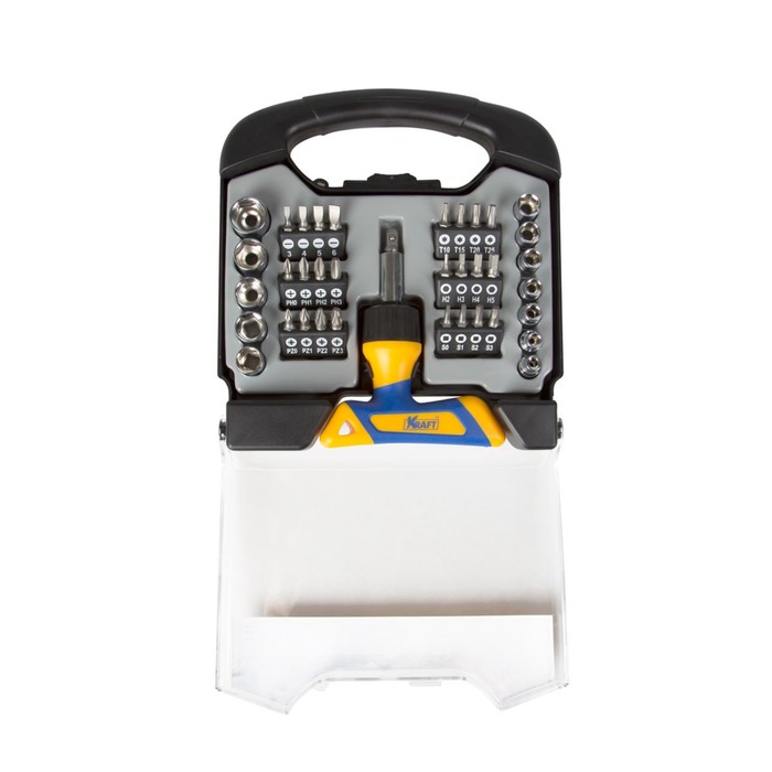 Набор KRAFT KT701041, Т-образная реверсивная отвертка с битами и насадками, 38 предметов