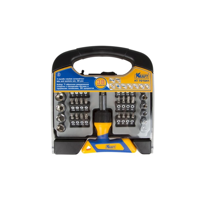 Набор KRAFT KT701041, Т-образная реверсивная отвертка с битами и насадками, 38 предметов