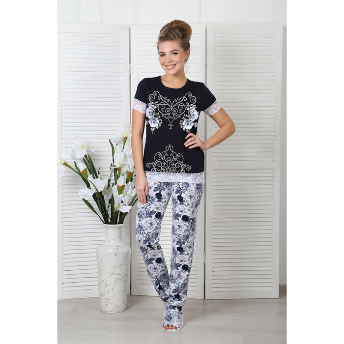 Пижама женская (футболка, брюки) Гжель-2 цвет синий р-р 48