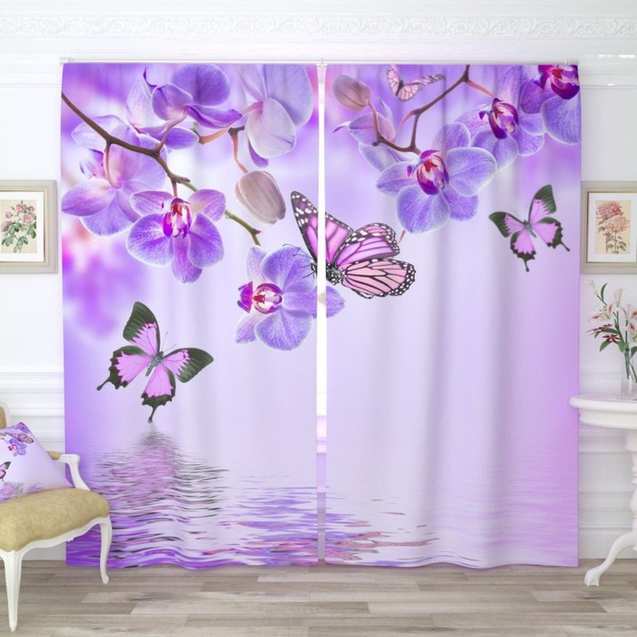 Фотошторы "Бабочки у воды с орхидеями", размер 150х260 см-2 шт., габардин