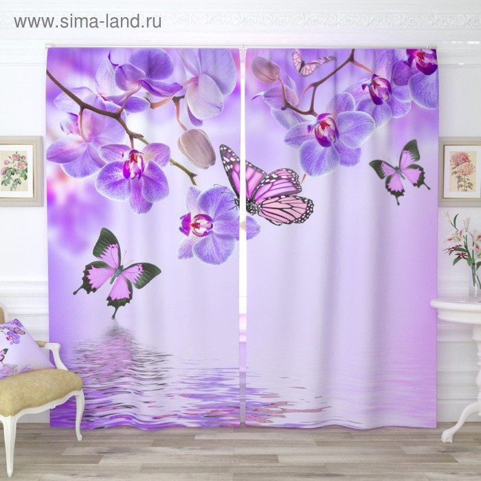 Фотошторы «Бабочки у воды с орхидеями», размер 150х260 см-2 шт., габардин цена и фото
