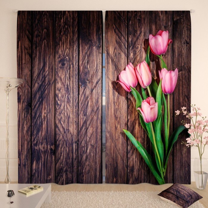 Фотошторы "Букет тюльпанов на дереве", размер 150х260 см-2 шт., габардин