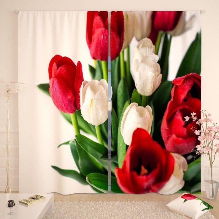 Фотошторы «Красно-белый букет тюльпанов», размер 150х260 см-2 шт., габардин