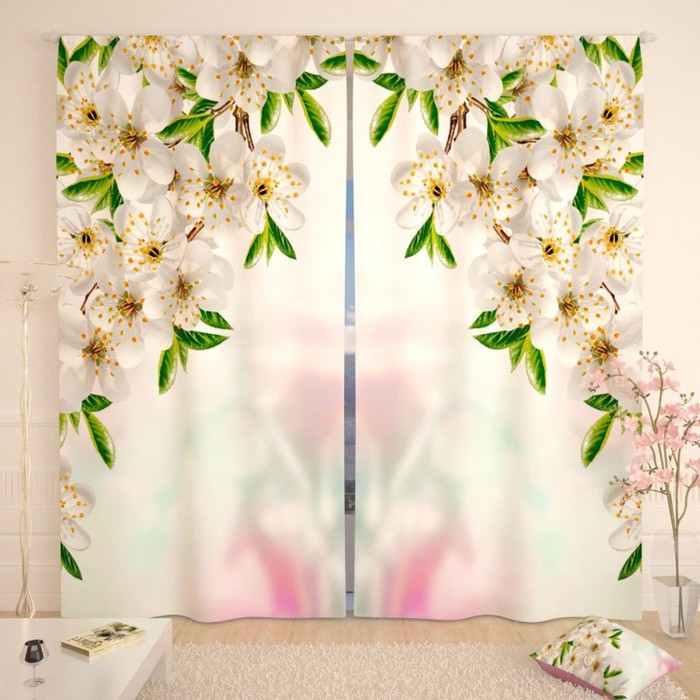 Фотошторы "Прекрасная весенняя вишня", размер 150х260 см-2 шт., габардин