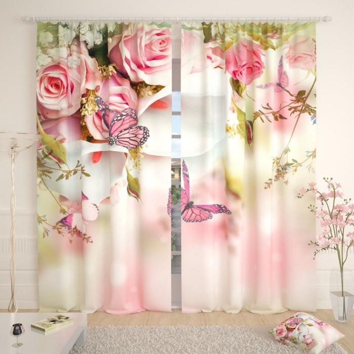 Фотошторы "Розы и бабочки", размер 150х260 см-2 шт., габардин