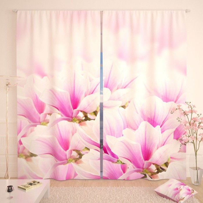 Фотошторы "Свежая розовая магнолия", размер 150х260 см-2 шт., габардин