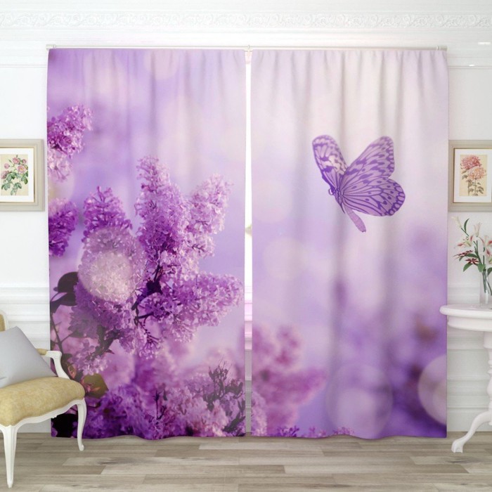 Фотошторы "Сирень и бабочка", размер 150х260 см-2 шт., габардин