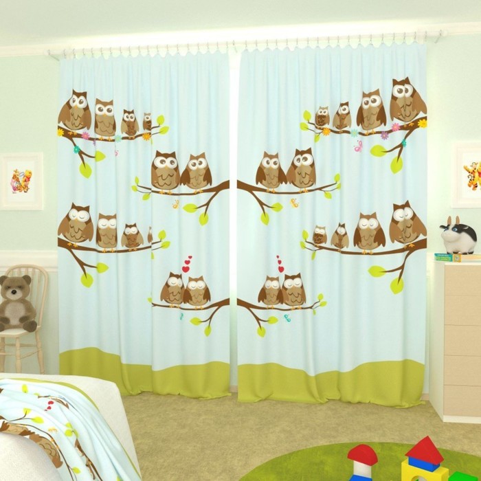 Фотошторы "Совы на ветках", размер 150х260 см-2 шт., габардин