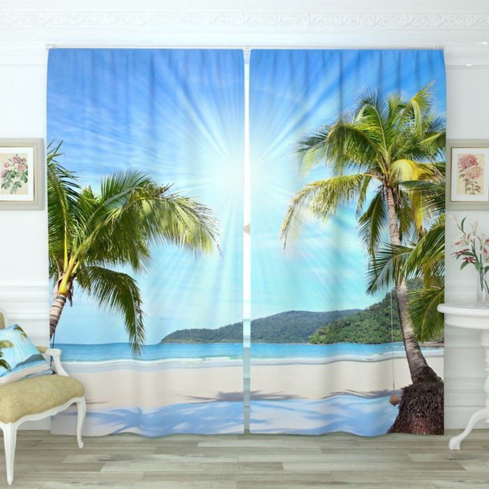 Фотошторы "Солнечные пальмы на берегу", размер 150х260 см-2 шт., габардин