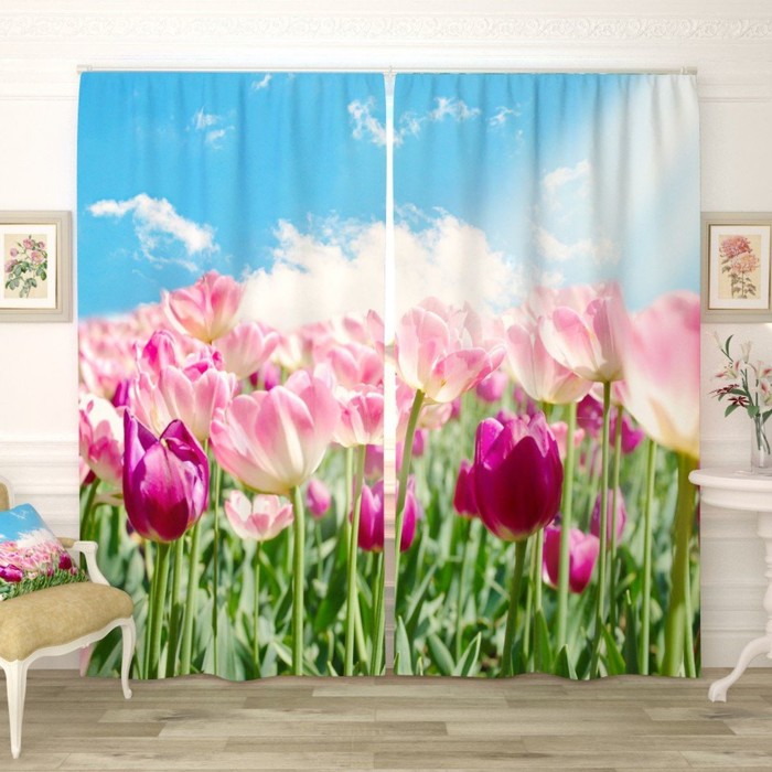Фотошторы "Утро в тюльпановом поле", размер 150х260 см-2 шт., габардин