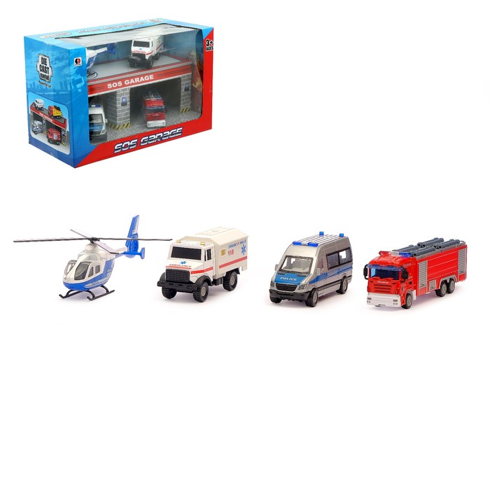 Набор игровой "Службы спасения", 3 металлические машины и вертолет