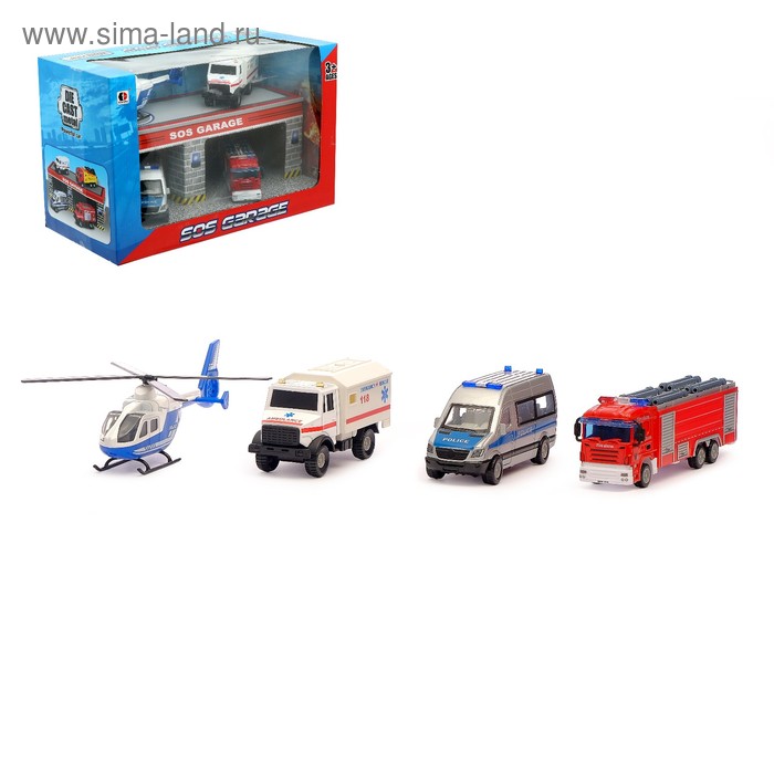 фото Набор игровой «службы спасения», 3 металлические машины и вертолет