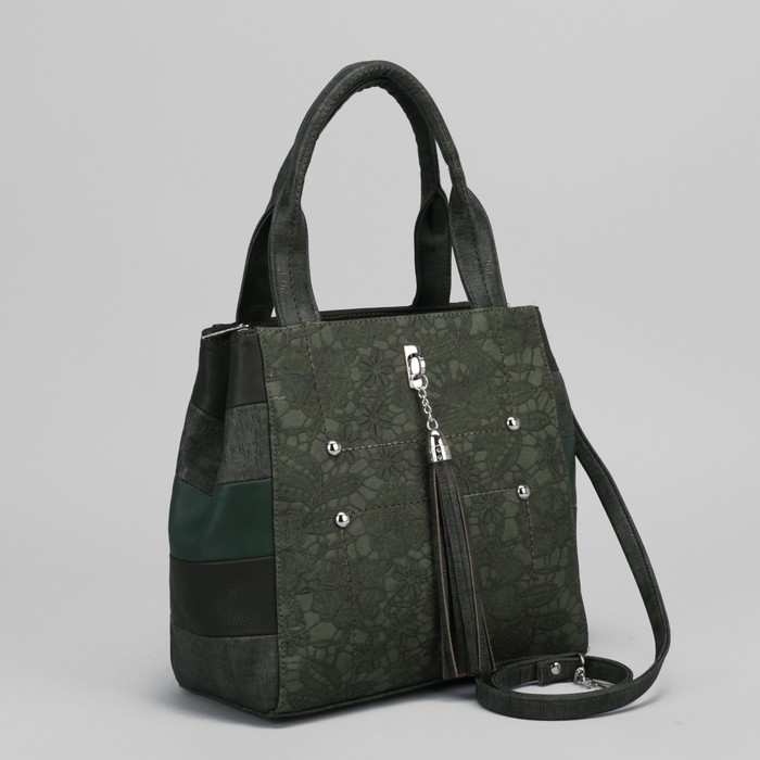 Сумка женская "Кружева", отдел с перегородкой на молнии, наружный карман, длинный ремень, цвет зелёный