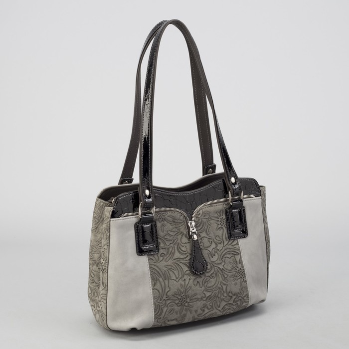 Сумка женская, отдел с перегородкой на молнии, наружный карман, цвет серый/цветы
