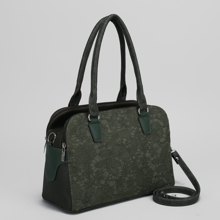 Сумка женская, 3 отдела на молниях, наружный карман, цвет зелёный кружева