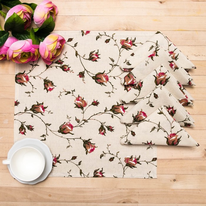 Комплект салфеток "Розочки" (6 шт) 38х38 см, полулён набивной, 160 г/м2