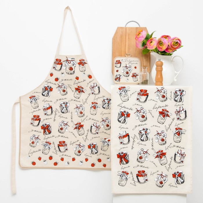 Кухонный набор "Бабушкино варенье"(фартук 60х70,прихв.18х18,полотенце 40х60) лён 50%,хл.50%
