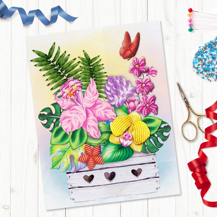 Вышивка объёмная бисером и лентами "Тропическая композиция", 24 х 32 см