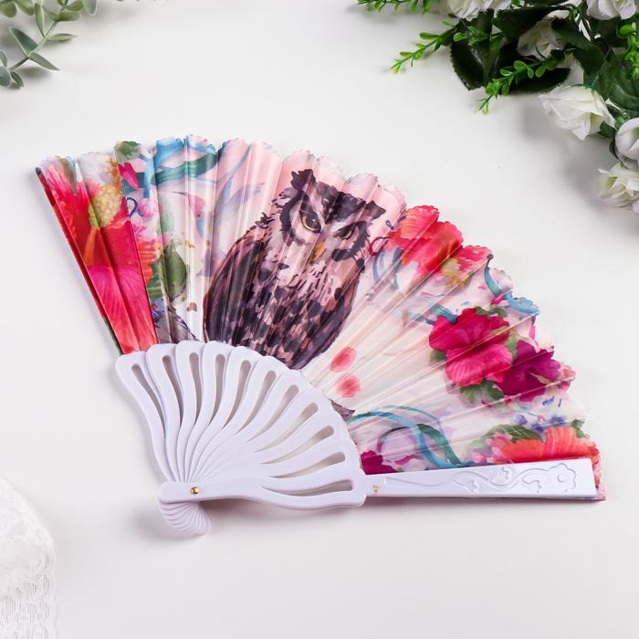 Веер пластик "Филин и сакура" МИКС изогнутый каркас 23 см