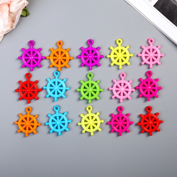 Декор для творчества пластик "Штурвал" цветной набор 15 шт 2,9х2,9 см