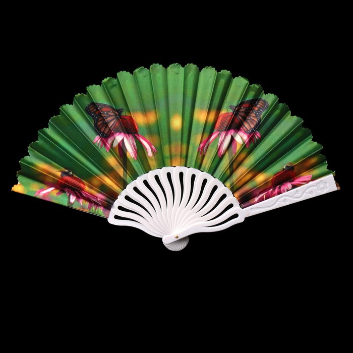 Веер пластик &quot;Бабочки на гербере&quot; изогнутый каркас 23 см
