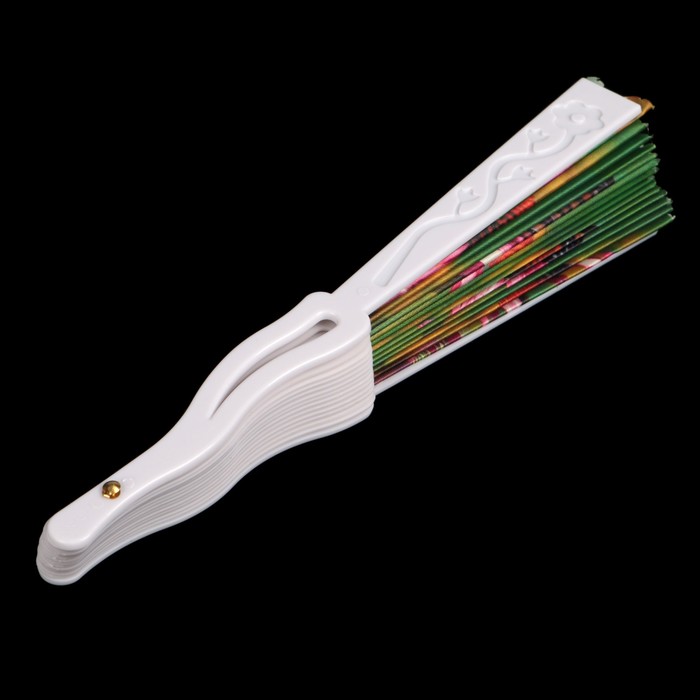 Веер пластик "Бабочки на гербере" изогнутый каркас 23 см