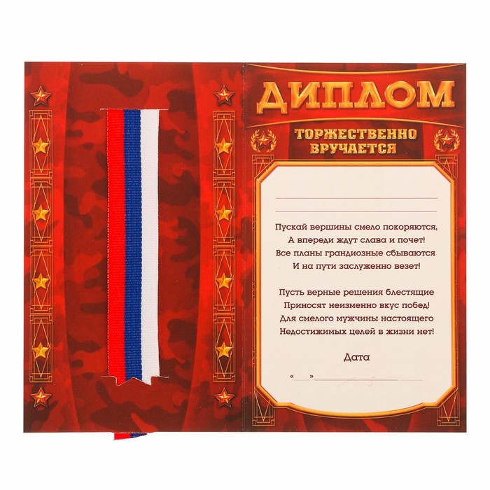 Диплом с лентой "Защитник Отечества", 9 х 15 см