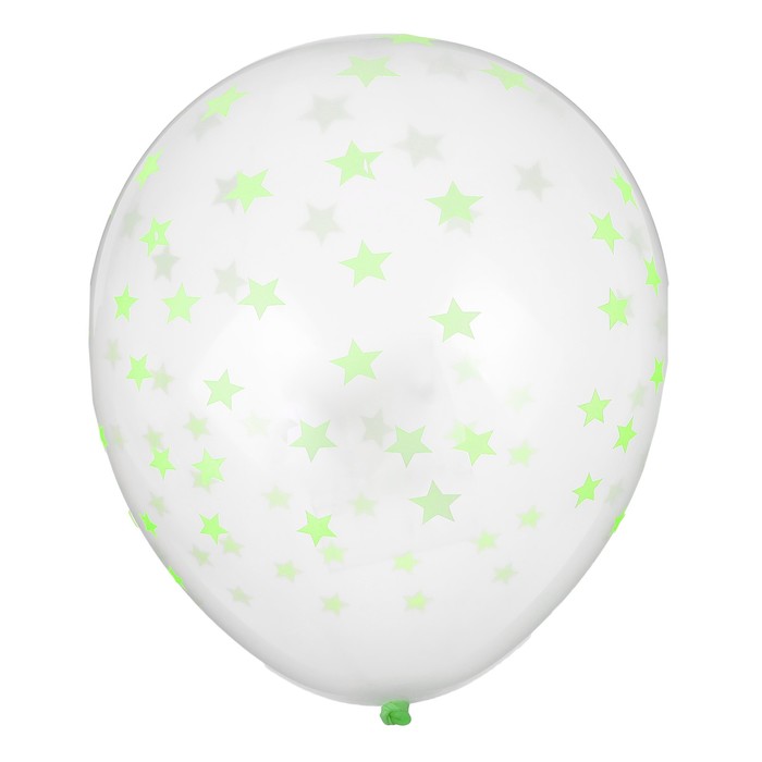 Шар латексный 12" "Зелёные звёзды, неон, прозрачный, набор 5 шт.