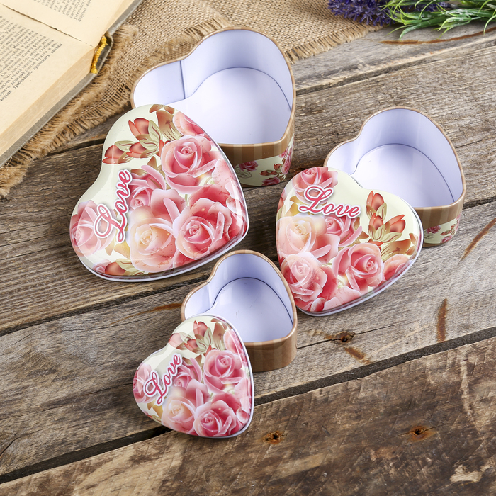Шкатулка металл набор 3 шт сердце "Букет чайных роз. Love" 4,8х12х11, 4,2х9х9, 3,5х7х7 см