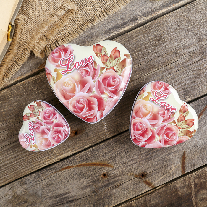 Шкатулка металл набор 3 шт сердце "Букет чайных роз. Love" 4,8х12х11, 4,2х9х9, 3,5х7х7 см