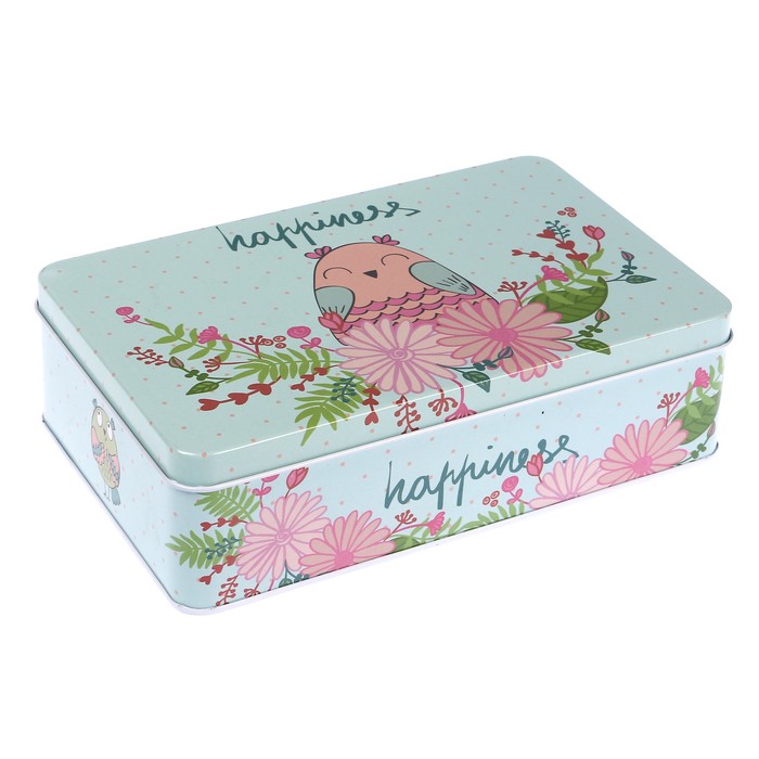 Шкатулка металл прямоугольник "Счастливый птенчик в цветах" 5,5х18х12 см