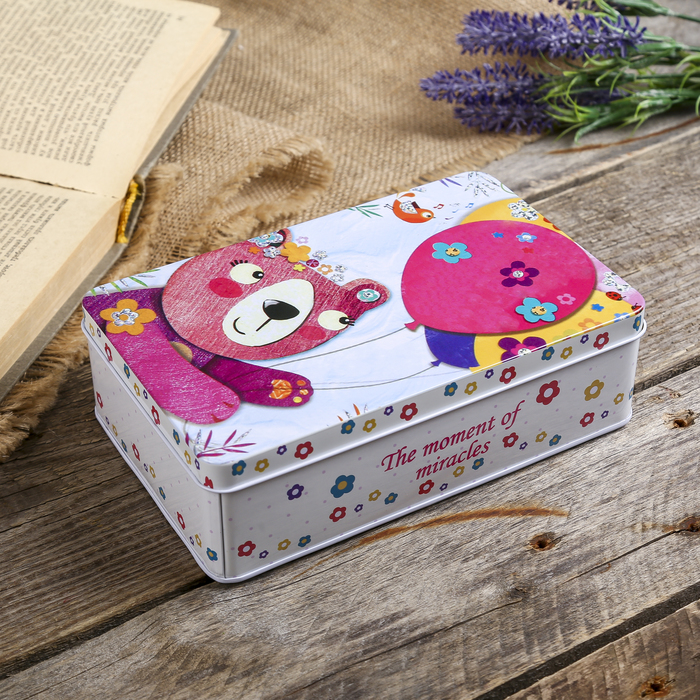 Шкатулка металл прямоугольник "Мишка с воздушными шарами" 5,5х18х12 см