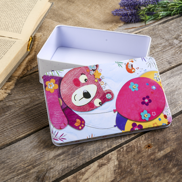 Шкатулка металл прямоугольник "Мишка с воздушными шарами" 5,5х18х12 см