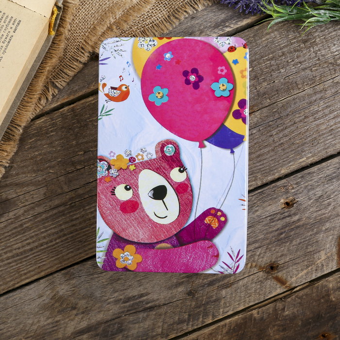 Шкатулка металл прямоугольник "Мишка с воздушными шарами" 5,5х18х12 см