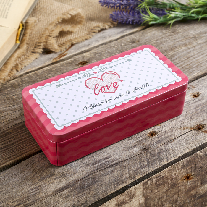 Шкатулка металл прямоугольник "Горошек. Сердце. Love" 5х18х8,5 см