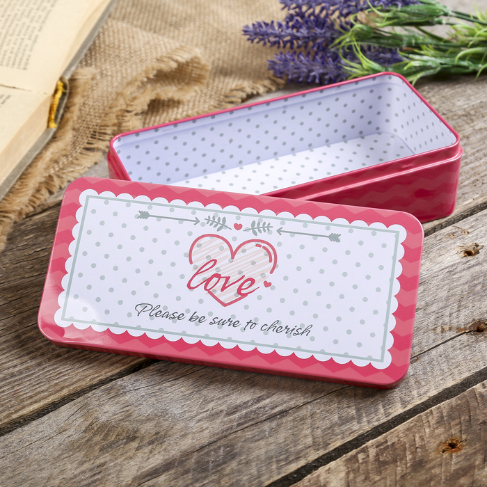 Шкатулка металл прямоугольник "Горошек. Сердце. Love" 5х18х8,5 см