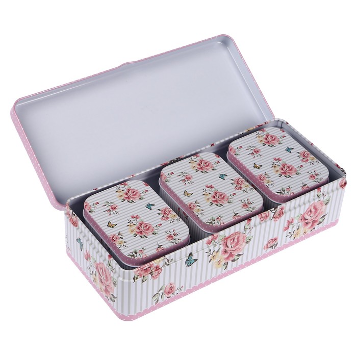 Шкатулка металл прямоугольник "Розы, горошек и полоски" (набор 4 штуки) 6,5х25х11 см