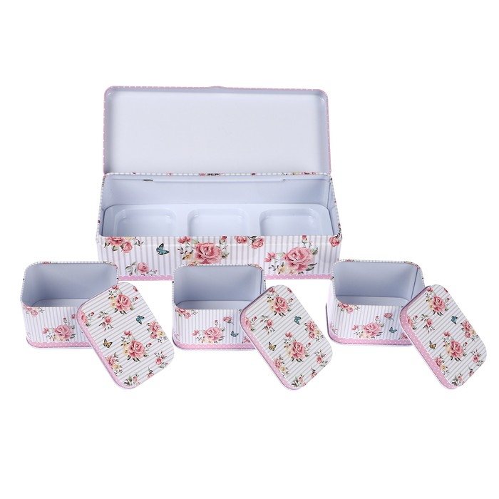 Шкатулка металл прямоугольник "Розы, горошек и полоски" (набор 4 штуки) 6,5х25х11 см