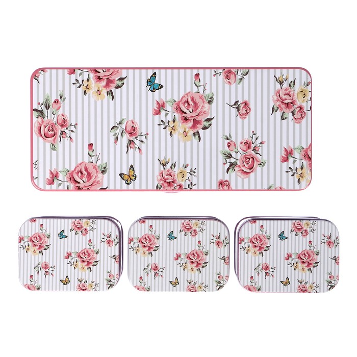 Шкатулка металл прямоугольник "Розы, горошек и полоски" (набор 4 штуки) 6,5х25х11 см